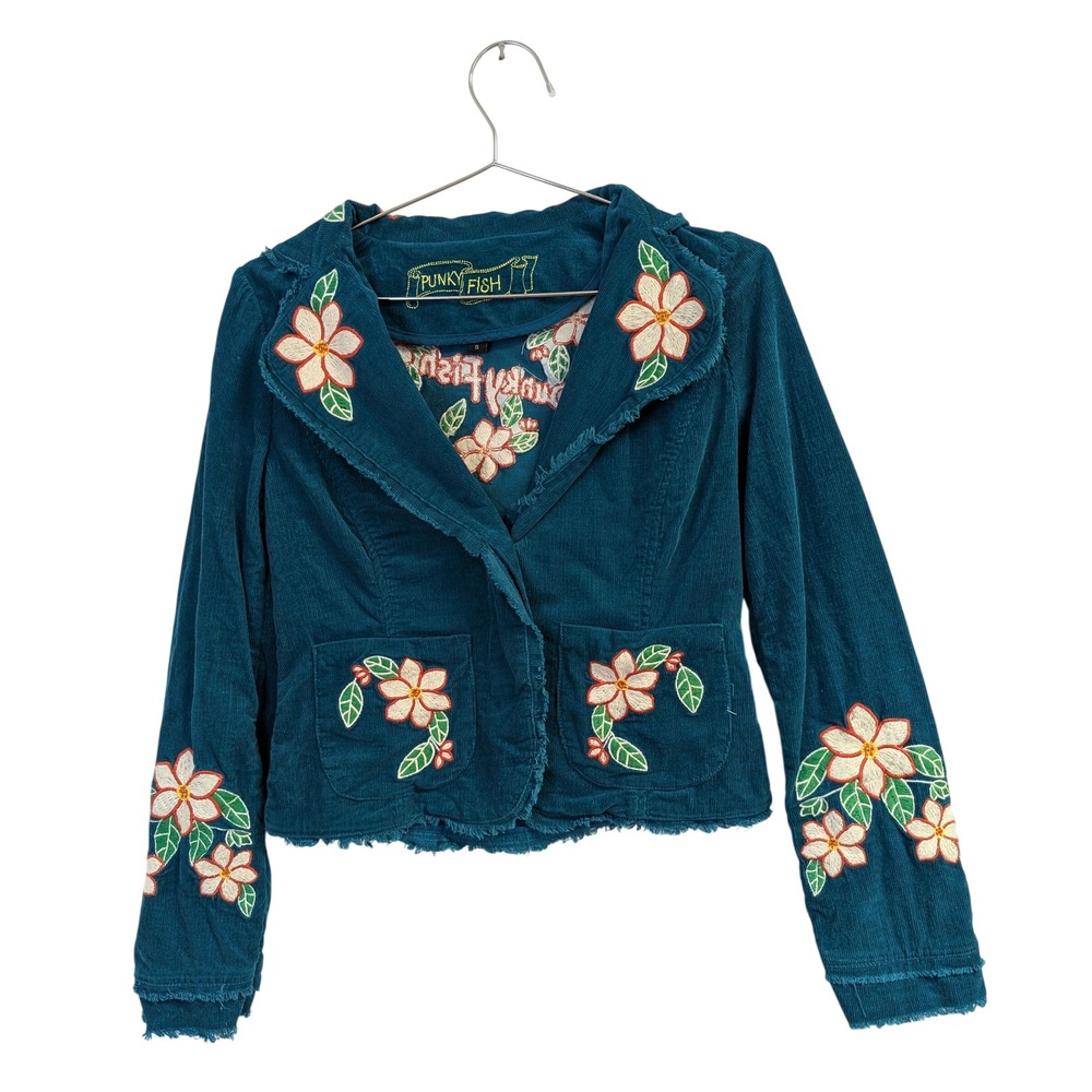 Punky Fish Embroidered‎ Corduroy Blazer Jacket Funky Maximalist Punk Teal Small